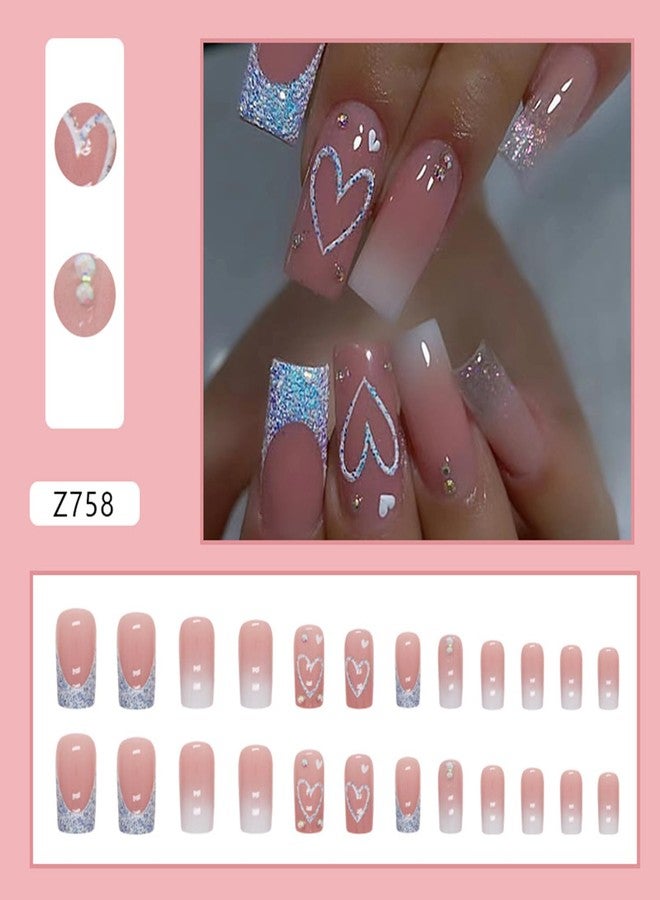 Vopintpy Blue Glitter French Tip Heart Glossy Gradient False Nails with Rhinestones - Reusable Stick on Nails - Medium Square Set - Image 2